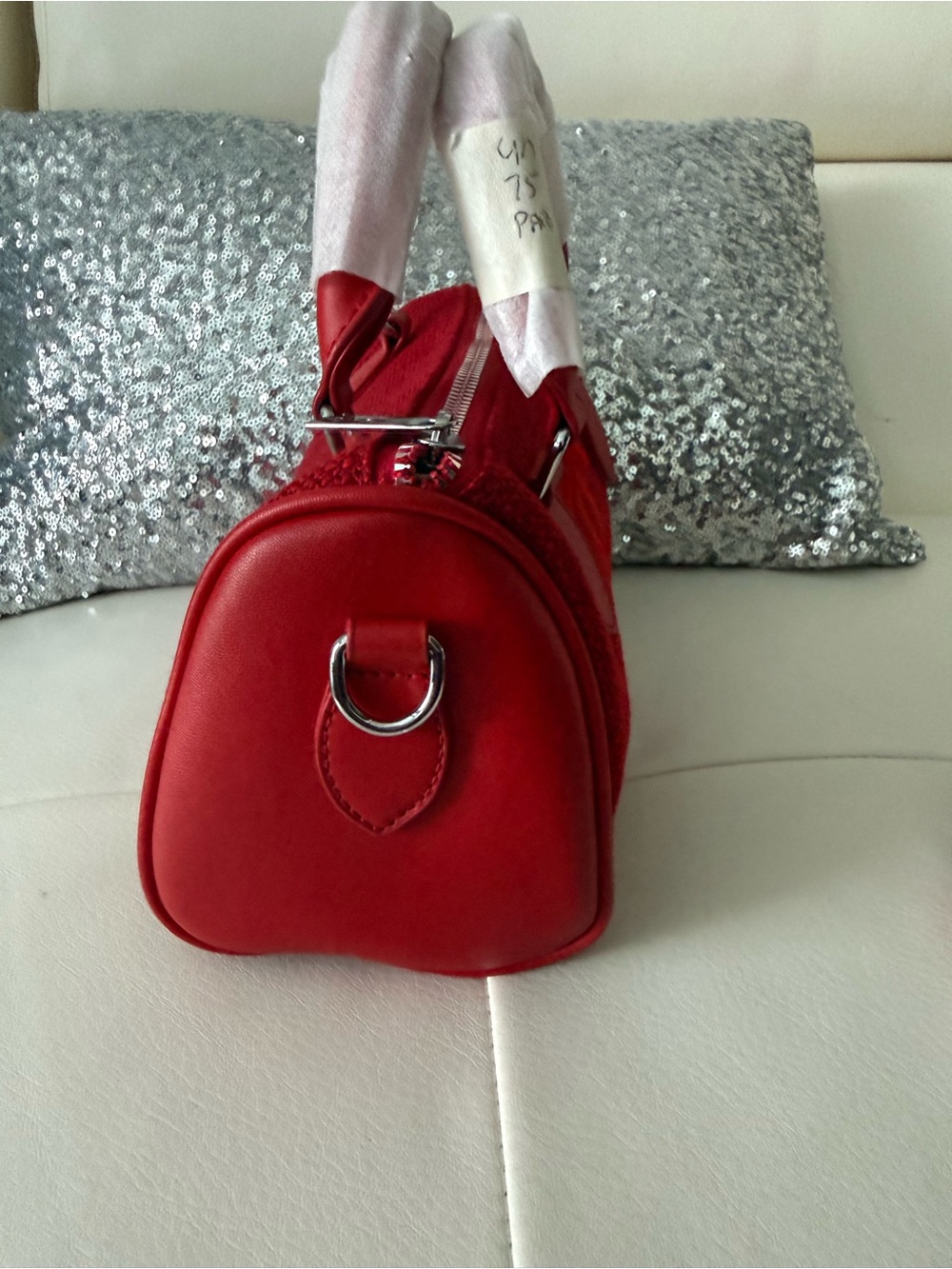 Designer inspired Ch@nel Red Mini Top-Handle Bowling Bag - Picture 4 of 5